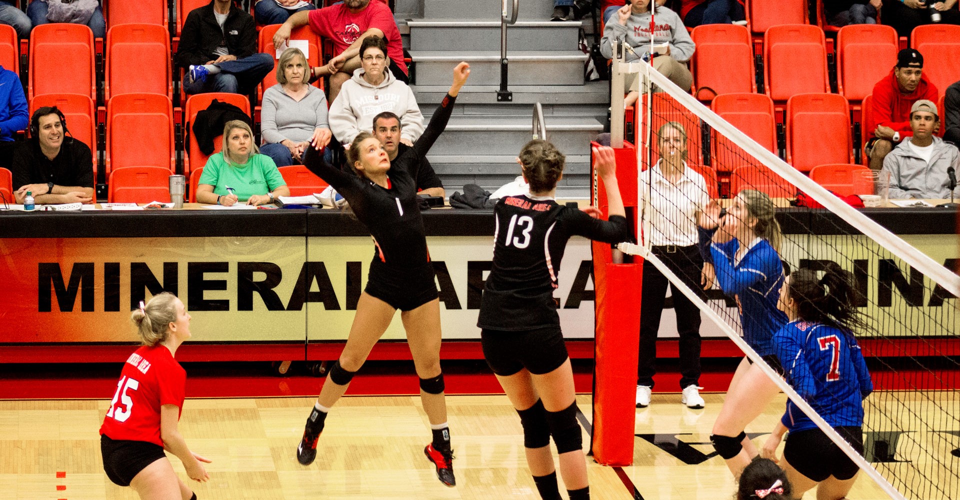 Image shows a volleyball game being played in Mineral Area College's field house
