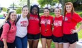 Image shows six female students smiling and posing for a picture in Mineral Area College's outdoor quad