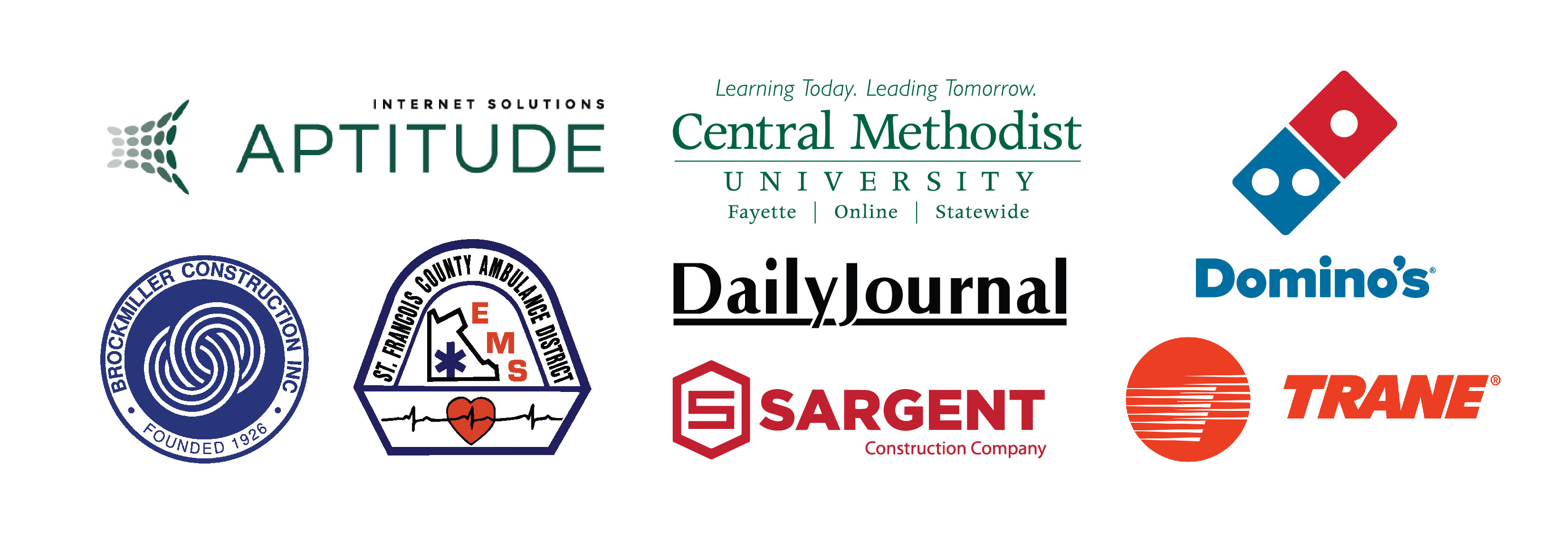 Platinum Sponsor Logos, Aptitude Internet; CMU; Dominos; Brockmiller Construction; SFC Ambulance District; Daily Journal; Sargent Construction; Trane