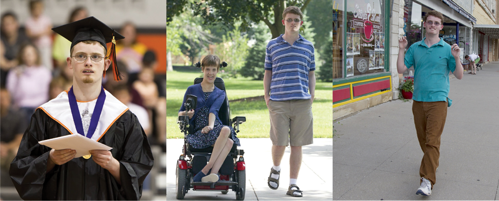 A series of three photos side by side: boy wearing graduation cap and gown, same boy standing next to a young girl in a wheelchair, and same boy smiling and standing on a sidewalk