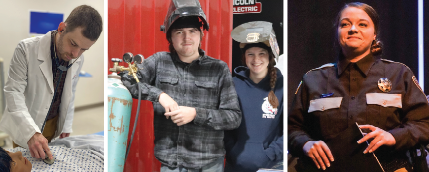 Photo of male student nurse, male and female welding students and female police officer