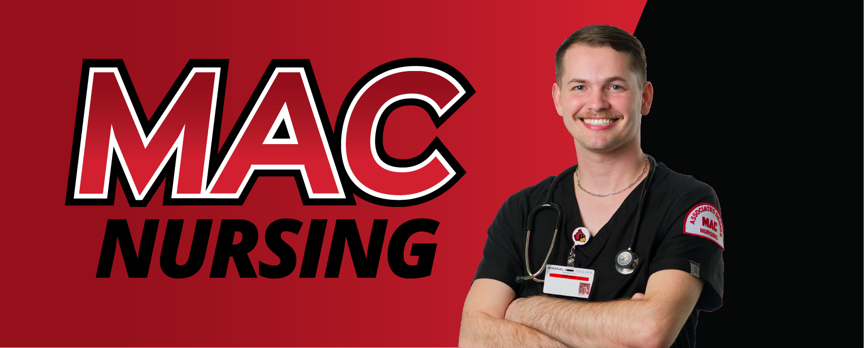 Smiling male nursing student in scrubs with arms crossed standing by words MAC Nursing
